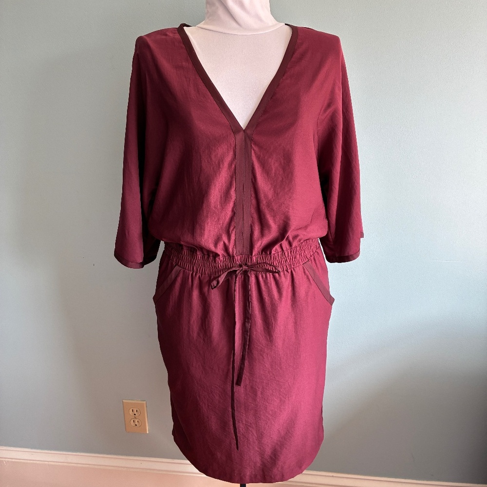 BCBG Max Azria Women's S Carmen Dress Burgundy Port Kimono Tie Waist Pockets